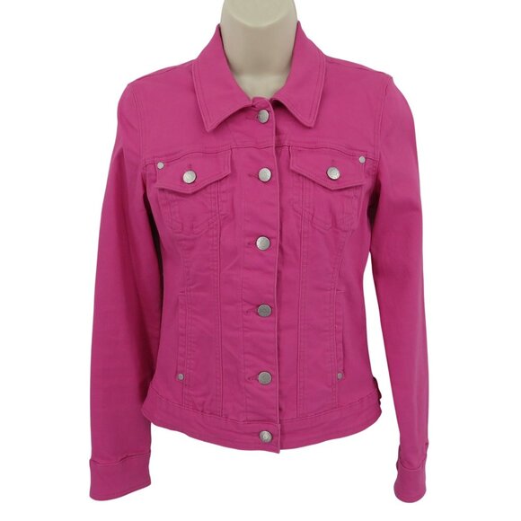 GUESS Women Small Pink Stretchy Denim Jean Jacket Collared Button Front Pockets - Picture 1 of 10